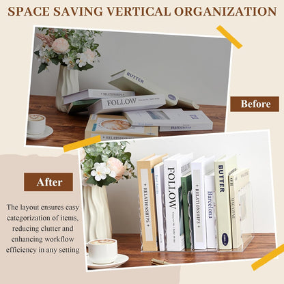 AmazingSpark Scalloped Acrylic Book Holder for Desk with 4 Vertical Compartments 11.22 x 7.28 x 6.5 Inches Clear Acrylic Magazine Organizer Storage Mail Sorter with Wave Edge Design for Office Home