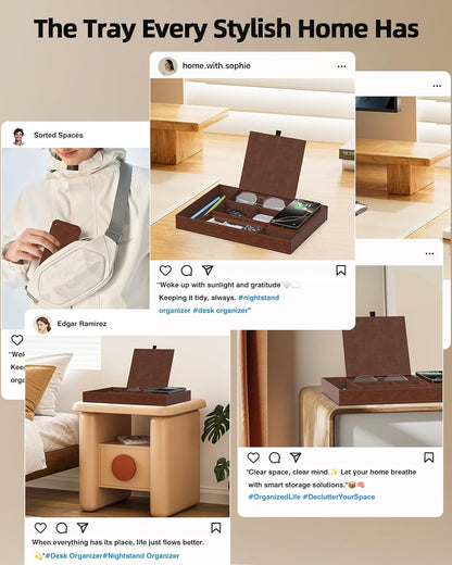 Valet Tray, Built in Wireless Charging Pad, Nightstand Organizer, Dresser Organizer, Mens Jewelry Box, Valet Charging Station, Faux Leather Valet Tray for Men and Women (Black+Wireless)