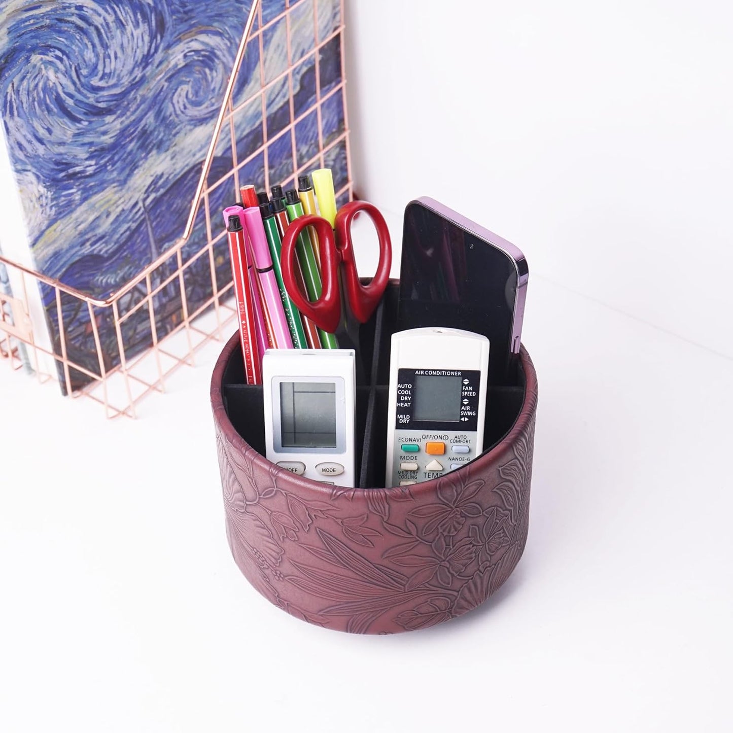 Hennaja Round Leather Art Supply Organizer,Remote Control Holder,360 Degree Rotating,Multi-Functional Pencil Holder,4 Compartments Desktop Stationary Organizer(1-Blue Bird) - Colors B