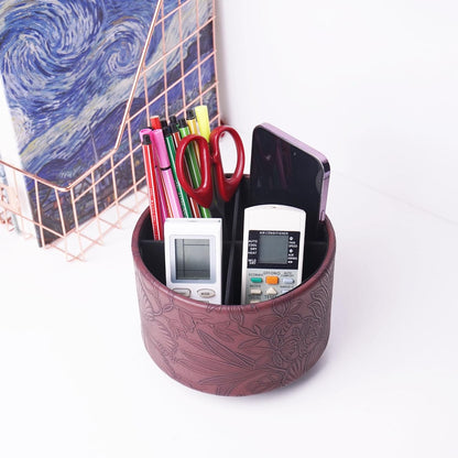Hennaja Round Leather Art Supply Organizer,Remote Control Holder,360 Degree Rotating,Multi-Functional Pencil Holder,4 Compartments Desktop Stationary Organizer(1-Blue Bird) - Colors B