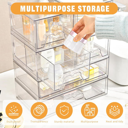 Stebopum 6 Pack Stackable Makeup Organizer, 4.4'' Tall Acrylic Bathroom Makeup Organizer and Storage Drawer with Pull-out Handle, Clear Plastic Storage Bins for Vanity,Pantry,Desk,Undersink,Kitchen