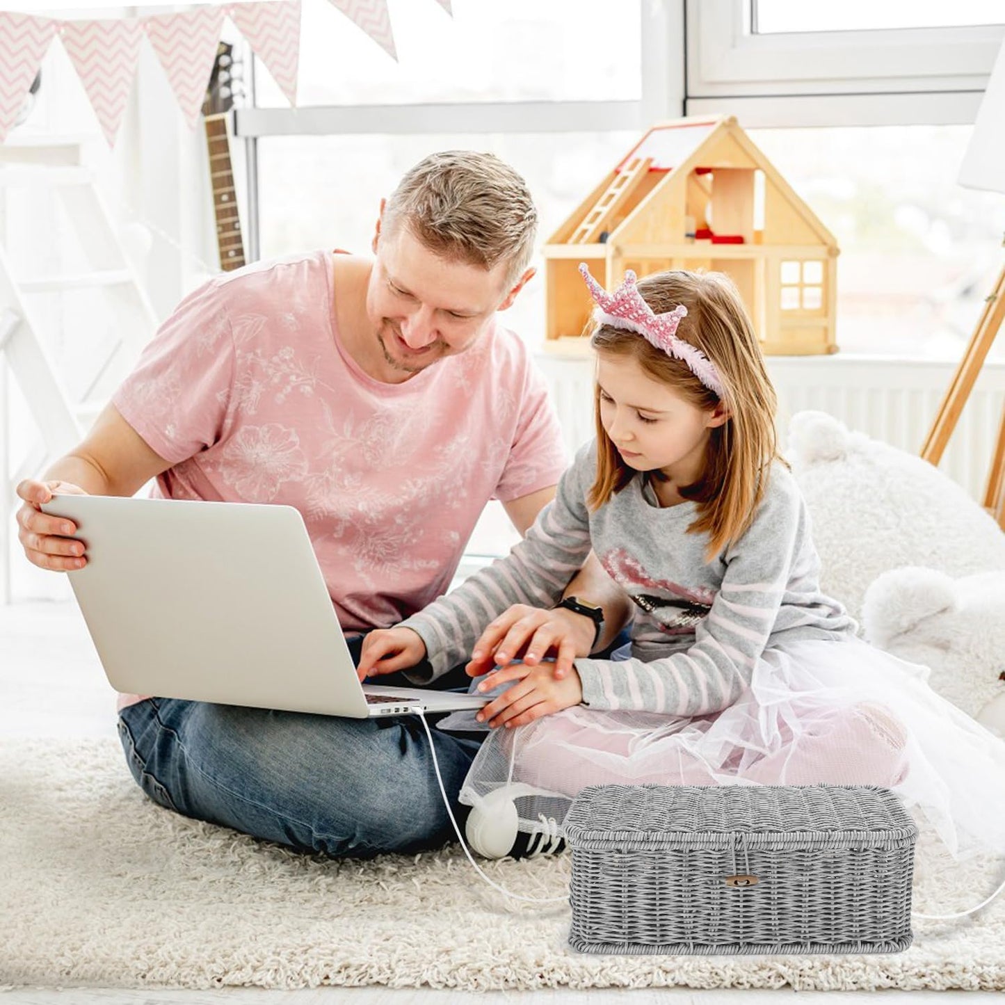 Cable Management Box, Desk Handwoven Rattan Cord Hider Cable Organizer Box With Lid Button Lock, Power Strip Cover Wicker Decorative Basket, Floor Wire Hiding Extension Cord Box (dark brown)