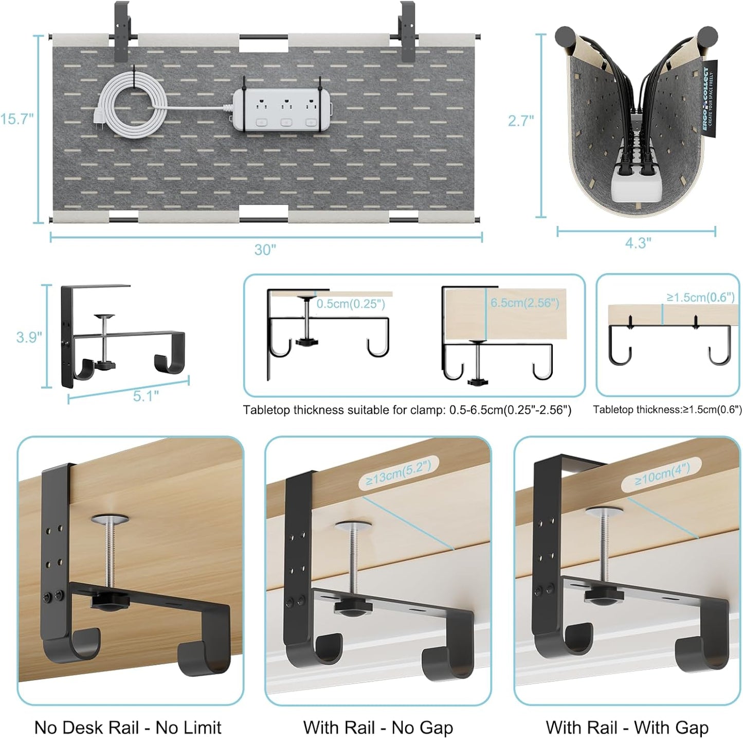 2-in-1 Under Desk Cable Management Tray & Privacy Panel, Dual-Sided Thick Felt Cord Organizer with 20 Cable Ties,Heavy Duty Steel Frame Support, No-Drill Clamp Mount,Large Capacity (Khaki/Gray, 45.2")