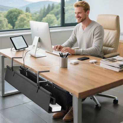 No Drill Large Under Desk Cable Management Tray, Fabric Cord Hider for Wire Organizer, Clamp/Screw Mount Cord Organizer, Standing Desk Cable Management for Office Home (Large (36 Inch))