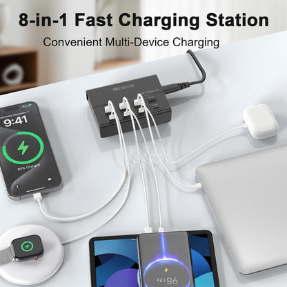 USB Charger with USB C PD20W and USB A QC18W, HITRENDS 60W PD Fast Charging Station, 5ft 8-Port Multiple Desktop Multi Port USB Charging Hub Compatible with iPad iPhone 17/16/15/14, Galaxy S24/S23/S22