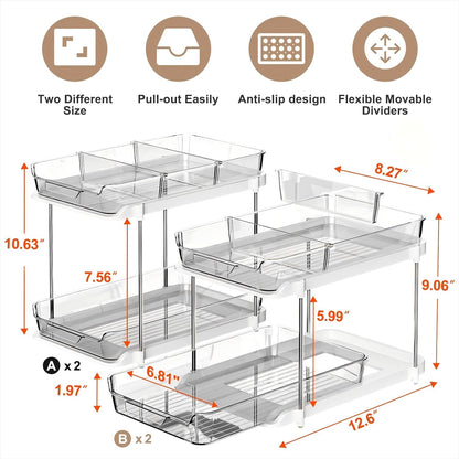 Delamu 2-Tier Multi-Purpose Bathroom Under Sink Organizers and Storage, Stackable Kitchen Pantry Organization, Pull Out Medicine Cabinet Organizer with Movable Dividers, White, 2 Pack