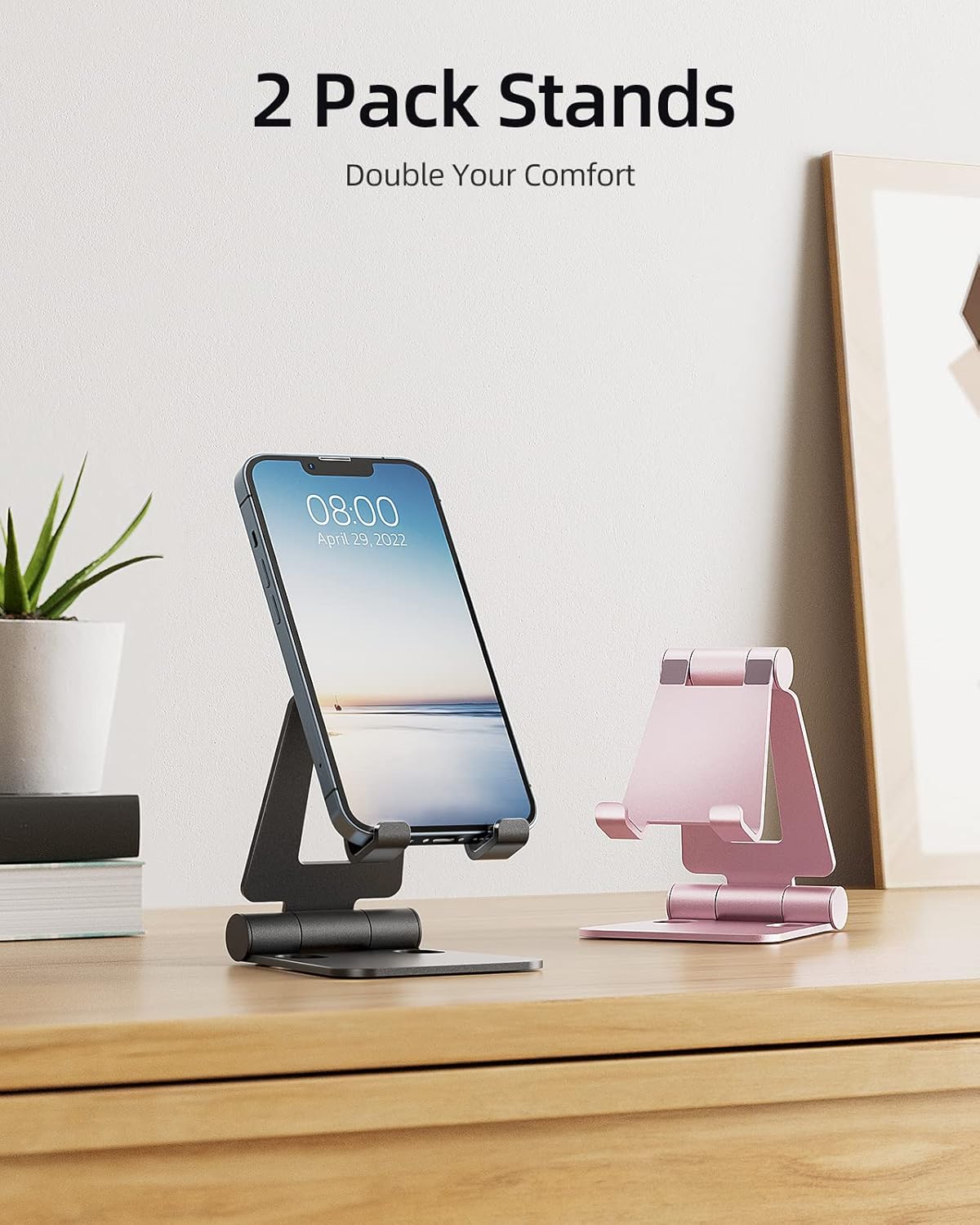 Nulaxy 2 Pack Fully Aluminum Dual Folding Cell Phone Stand, Adjustable Foldable Desktop Phone Holder for Desk Compatible with iPhone 17 16 15 14 13 12 11 Pro Max Xs Xr X 8, All Phones, Black & Silver