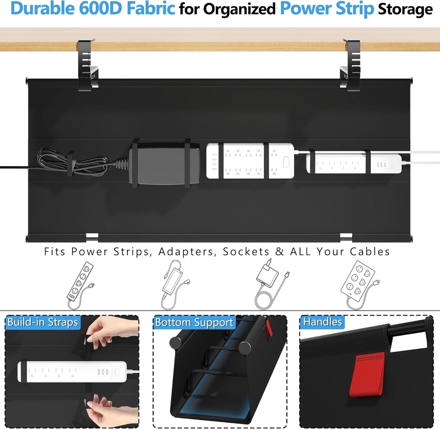 Litwaro Under Desk Cable Management Tray No Drill, 36" Cord Organizer with Clamp for Standing Desk, Premium Fabric Cable Tray with Wire Management for Office Home, Black