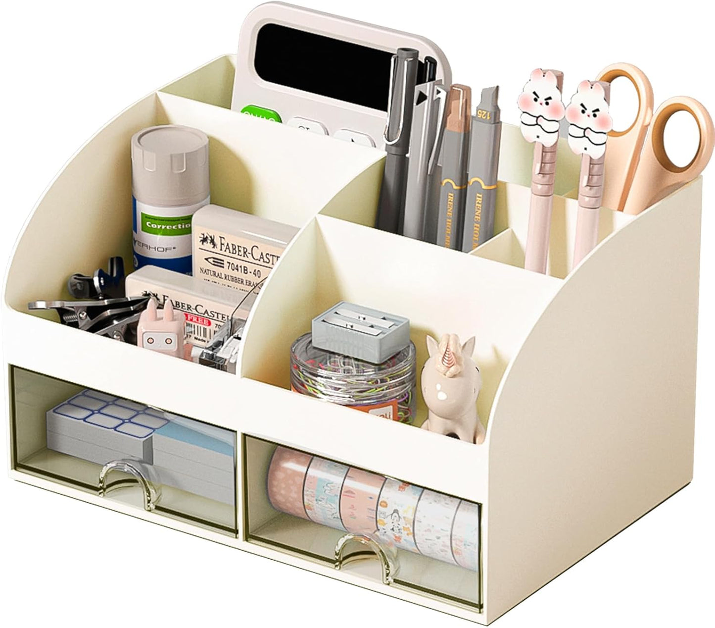 COMFYROOM Desk Organizer with 6 Compartments and 2 Drawers, Plastic Makeup Organizer, Pen Holder for Desktop Storage, Desk Organization for School, Home, Office Supplies (White)