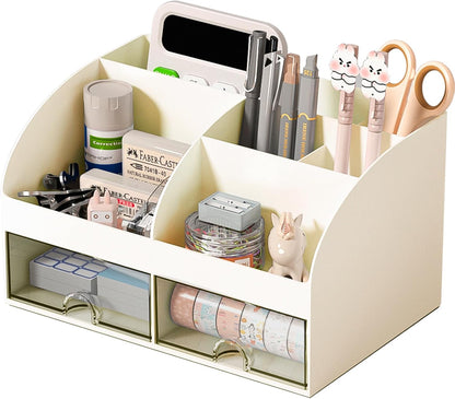 COMFYROOM Desk Organizer with 6 Compartments and 2 Drawers, Plastic Makeup Organizer, Pen Holder for Desktop Storage, Desk Organization for School, Home, Office Supplies (White)