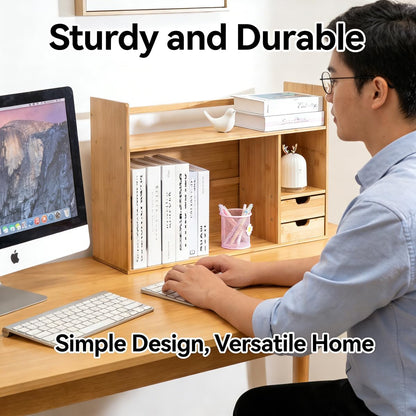 Bamboo Desktop Bookshelf – Small Bookshelf for Desk with Drawers, Double Layer Display Shelf & Desk Hutch Organizer for Office, Dorm & Computer Desk (22.8"x7.5"x18.1")