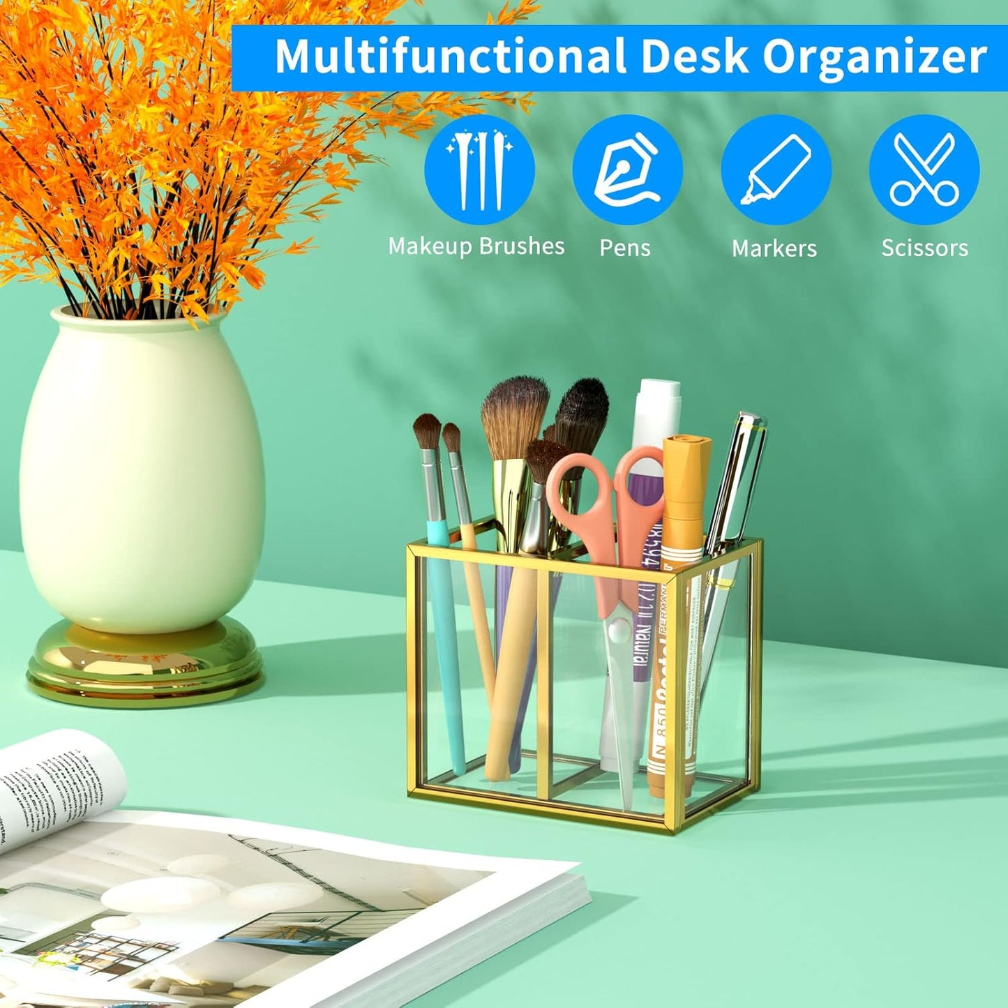 NIUBEE Acrylic Pen Holder 4 Compartments, Clear Pencil Organizer Cup for Countertop Desk Accessory Storage