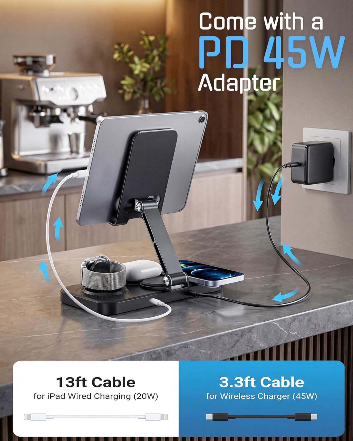 6 in 1 Charging Station for Apple Multiple Devices, Wireless Charging Station with Clock & 7 RGB Light, Foldable Wired Chargers for Multiple Devices for iPhone 17/16/15, iPad, Apple Watch, AirPods