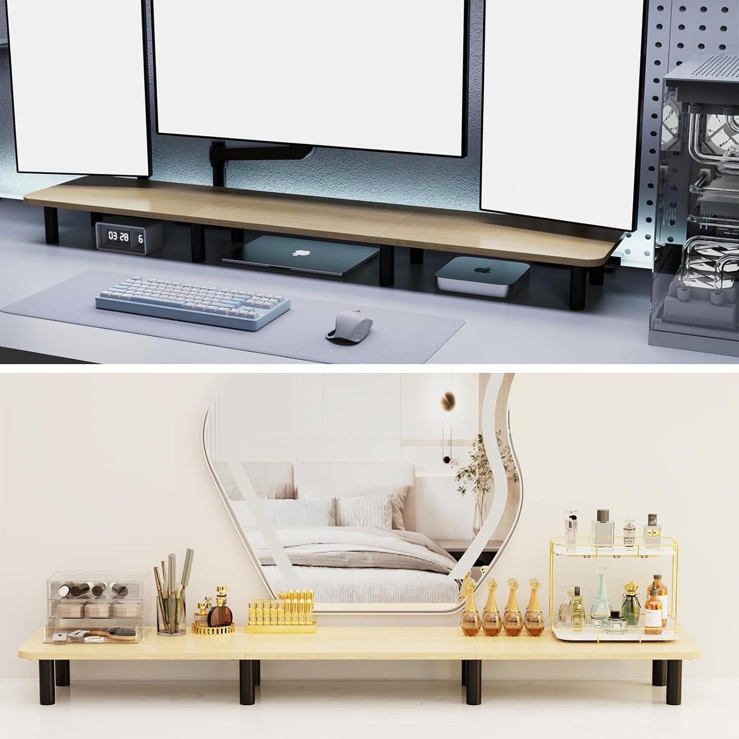Dual Monitor Stand - 43.7 inch Extra Long Wide TV Stand - Wood & Steel Leg Desktop Riser - Desk Organization - Home Office (Vintage)