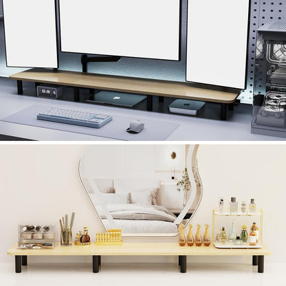 Dual Monitor Stand - 43.7 inch Extra Long Wide TV Stand - Wood & Steel Leg Desktop Riser - Desk Organization - Home Office (Vintage)