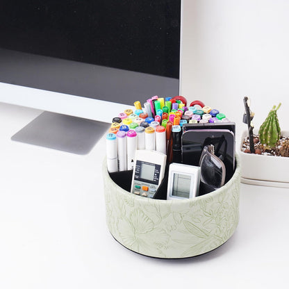 Hennaja Round Leather Art Supply Organizer,Remote Control Holder,360 Degree Rotating,Multi-Functional Pencil Holder,4 Compartments Desktop Stationary Organizer(1-Blue Bird) - Colors B