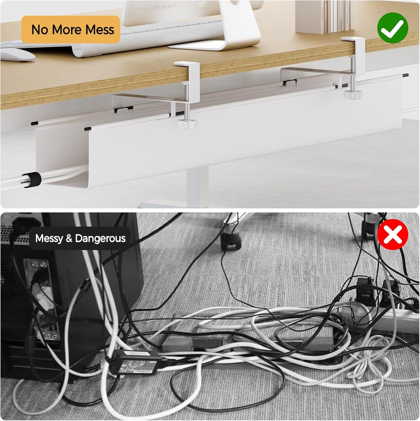 Under Desk Cable Management Tray 27.2" - No Drill Computer Wire Organizer Cable Tray, Cord Hider Clamp Mount with 16X Cable Ties PC Cables Management Cord Holder for Office/Home (Upgrade Fabric,White)