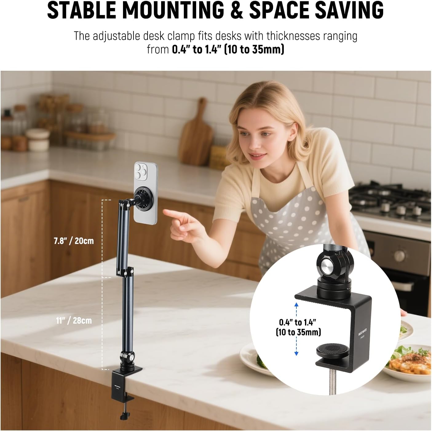 NEEWER Basics Cell Phone Stand for Desk, Adjustable Phone Holder Clamp with Weighted Metal Base, Office Table Phone Mount Compatible with iPhone 16 15 Pro Max Plus Samsung for Video Recording, ST006