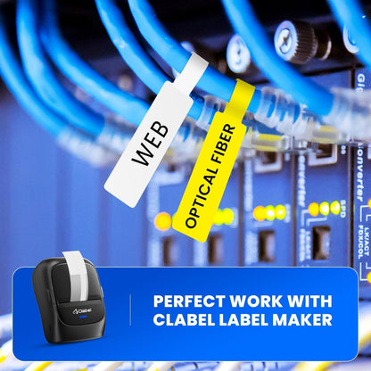 Clabel Printable White Cable Labels 6 Rolls of Thermal Self-Adhesive Paper Labels Tape, 25x78mm (1"x3") 100 Sheets Per Roll, Black Print on White Sticker Tags Durable