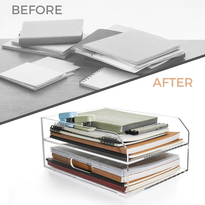 2-Tier Clear Acrylic Paper Trays, Desk File Organizer, A4 Paper Holder, Low-Profile Desk File Sorter for Office/Home, Clear Stackable Letter Tray for Bills, Crafts, Notebooks - Horizontal