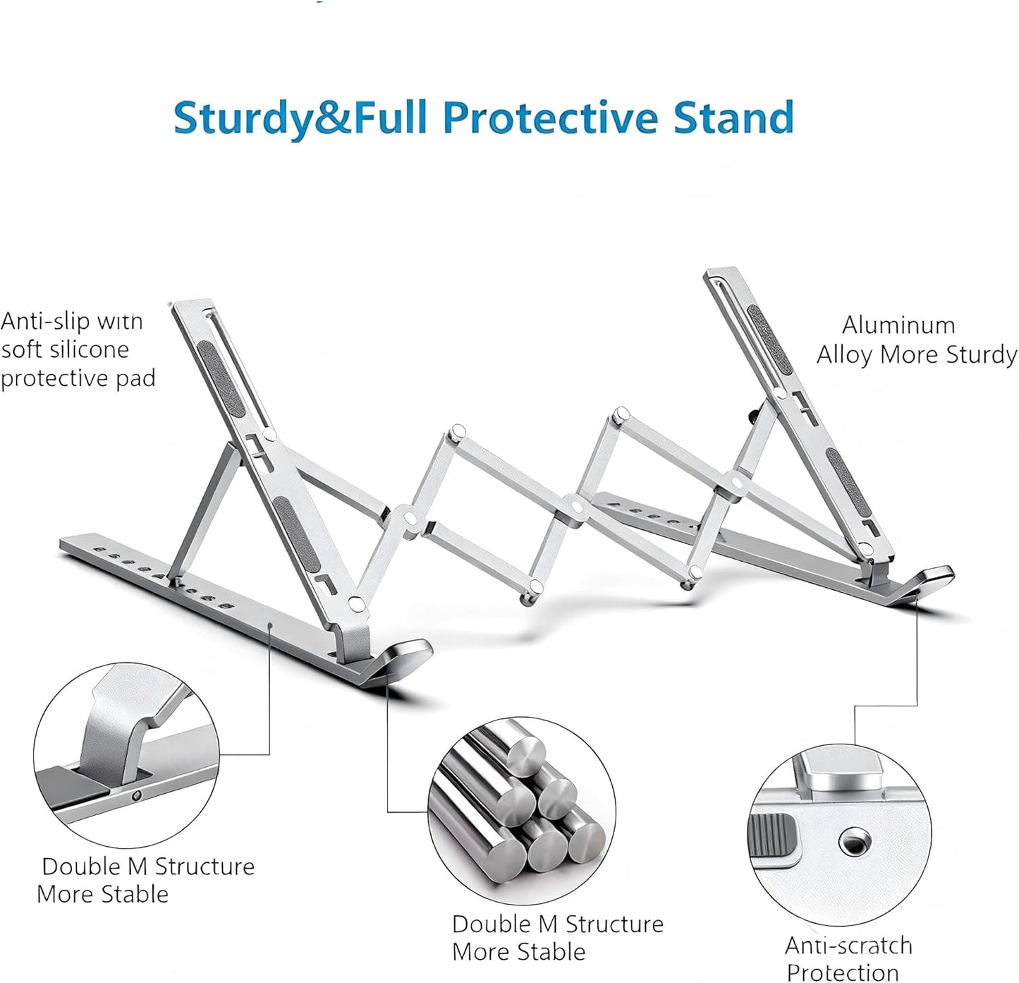 Ergonomic 7-Levels Angles Adjustable Laptop Stand, Portable Laptop Stand for Desk, Aluminum + Silicone Foldable Ventilated Cooling Laptop Riser for 10-17” Laptops, Tablets (Silver)