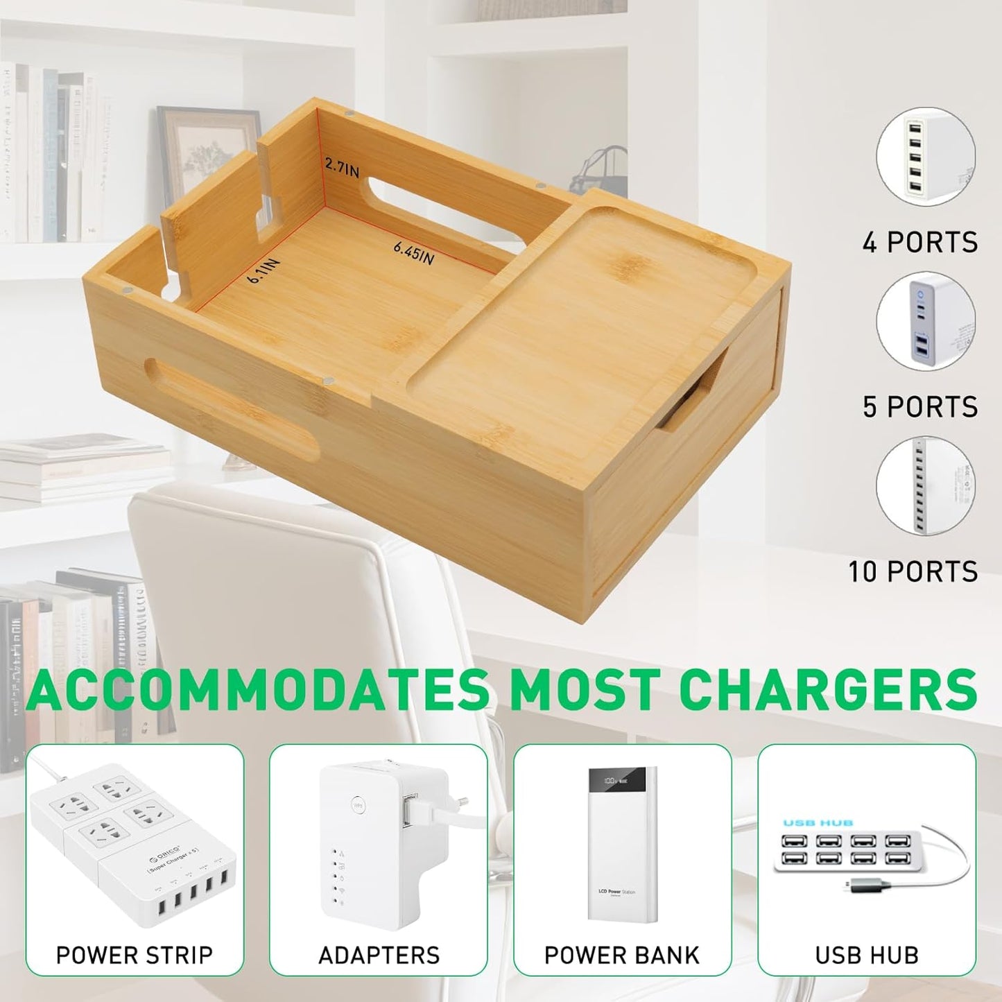 Bamboo Charging Station for Multiple Devices, Desk Charging Organizer with Drawer & Tray, Wood Docking Station for Multi Devices, Cell Phone, Tablet (Included 6 Cables, 5 Port USB Charger)