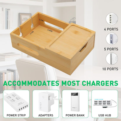 Bamboo Charging Station for Multiple Devices, Desk Charging Organizer with Drawer & Tray, Wood Docking Station for Multi Devices, Cell Phone, Tablet (Included 6 Cables, 5 Port USB Charger)