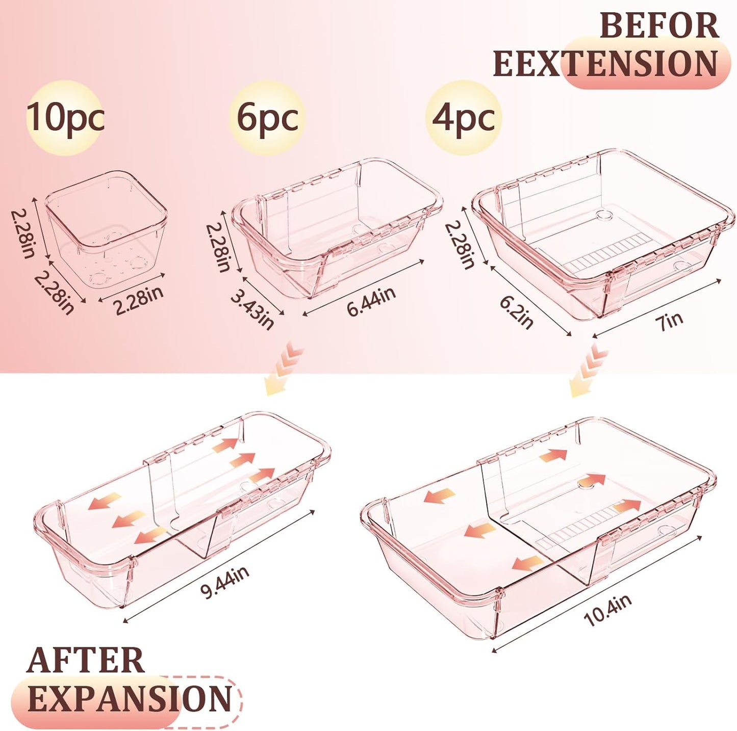 14 Pcs Adjustable Clear Drawer Organizer, Extendable Vanity Storage Bins, Desk Drawer Organizer Set for Makeup, Cosmetics, Bedroom, and Gadgets, Purple