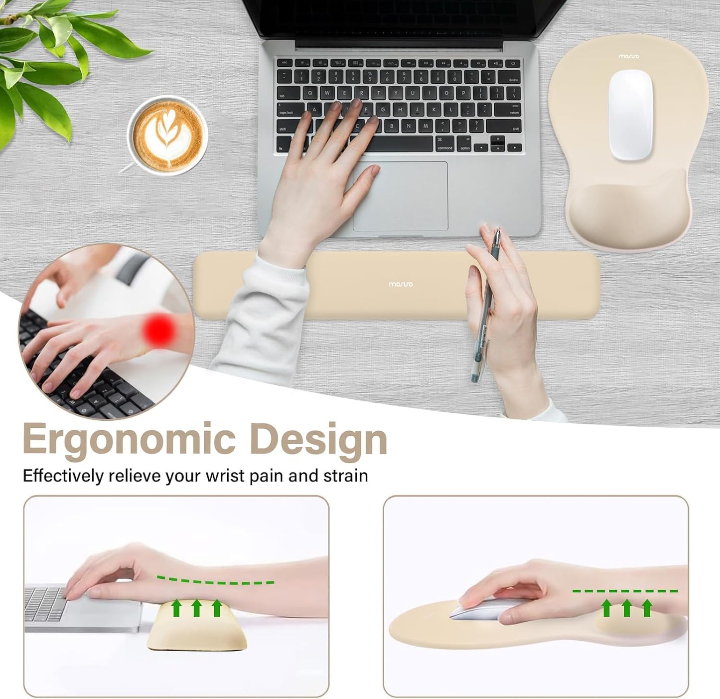MOSISO Wrist Rest Support for Mouse Pad&Keyboard Set, Ergonomic Mousepad with Concave Curved Memory Foam, Non-Slip Base Pain Relief Comfortable Rectangular Easy Typing Pad for Home/Office, Brown