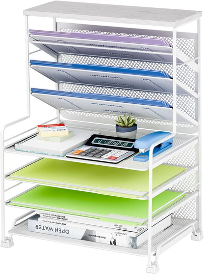Simple Trending 7 Tier Desk File Organizer, Letter Tray Paper Organizer with Pen Holder and Metal Hanging Basket, Black