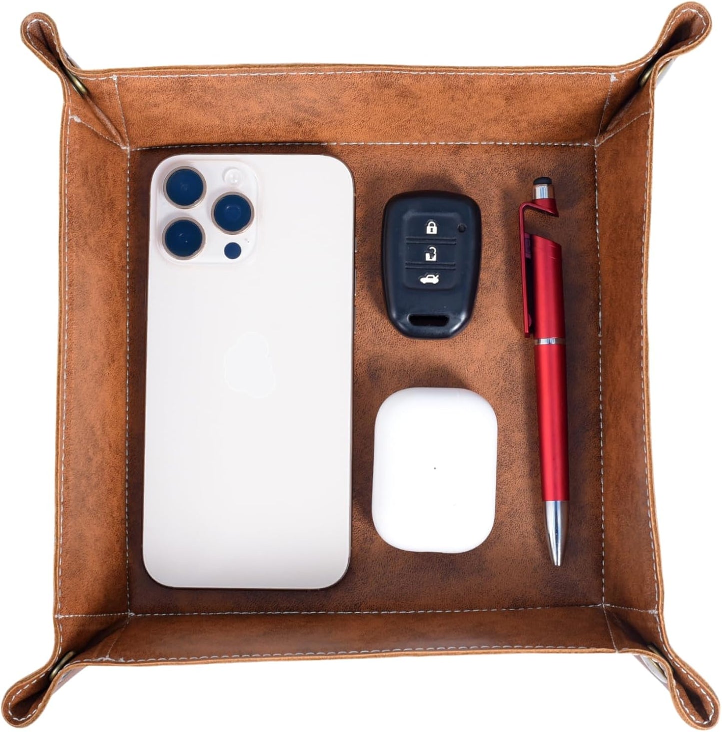 Valet Tray Organizer – Foldable Jewelry & Catchall Tray for Keys, Phone & Wallet – Double-Sided Faux Leather with Rubber Padding – Desk & Nightstand Organizer (Cognac Brown)