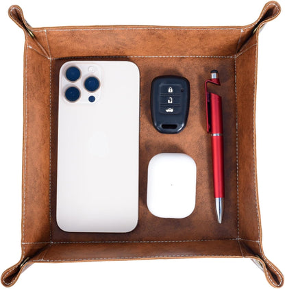 Valet Tray Organizer – Foldable Jewelry & Catchall Tray for Keys, Phone & Wallet – Double-Sided Faux Leather with Rubber Padding – Desk & Nightstand Organizer (Cognac Brown)