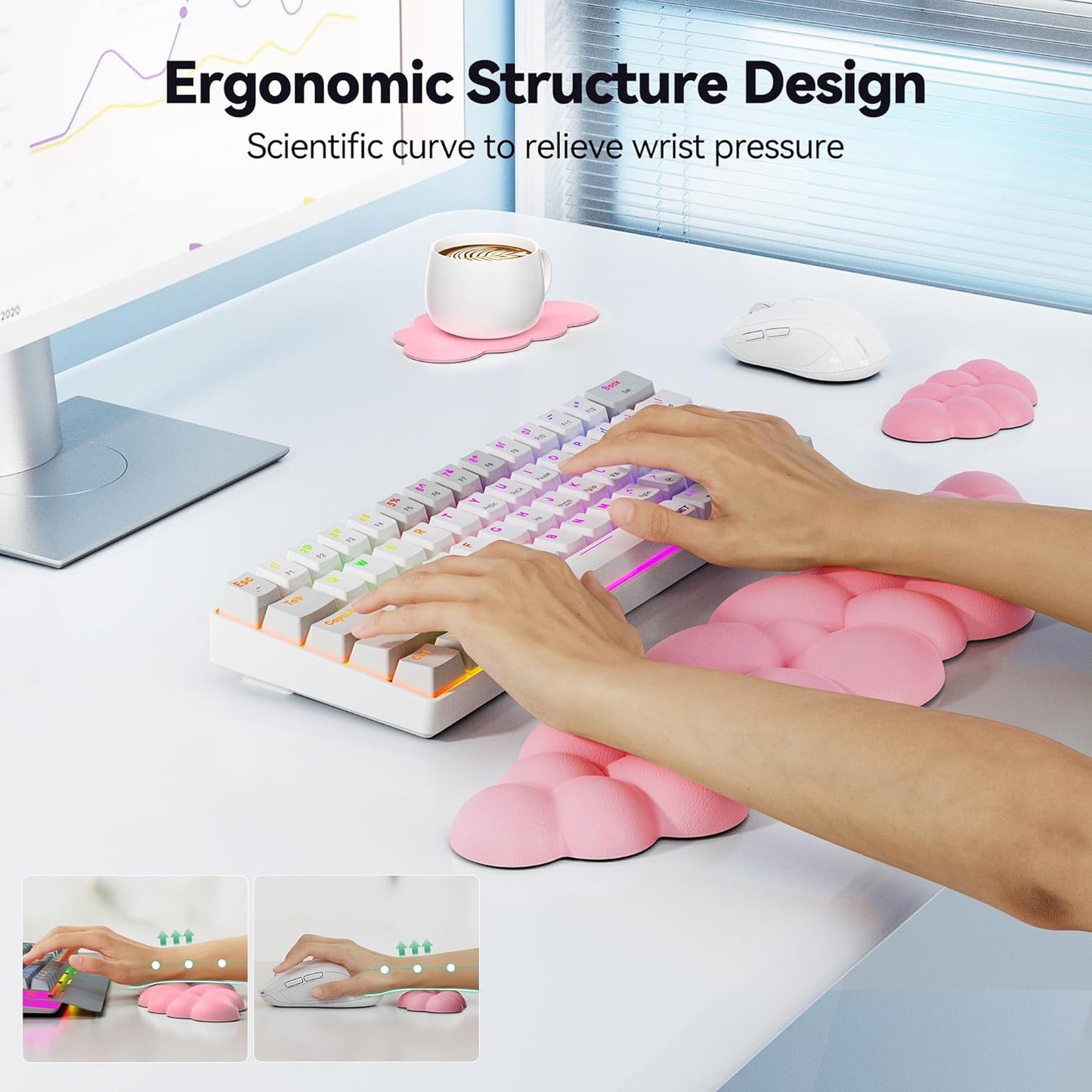 TECKNET Cloud Keyboard Wrist Rest Set, Cloud Wrist Rest with Non-Slip Base, PU Leather Wrist Pad for Keyboard with Ergonomic Memory Foam for Computer Laptop Office Gaming and Pain Relief, White