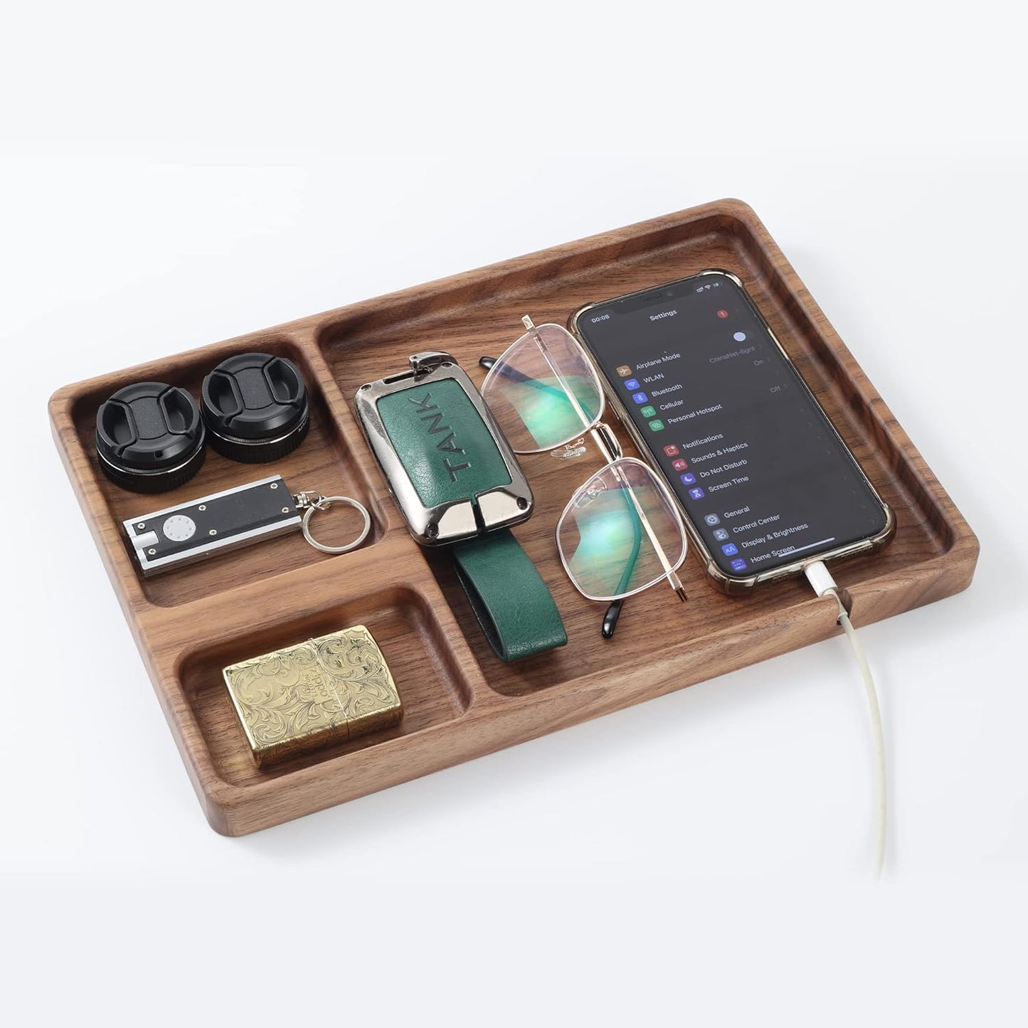 Walnut Wooden Valet Tray – Bedside Table Organizer for Men Dad, Edc Catch All Tray with Cable Slot (11.4 x 7.9 x 0.8 Inch)