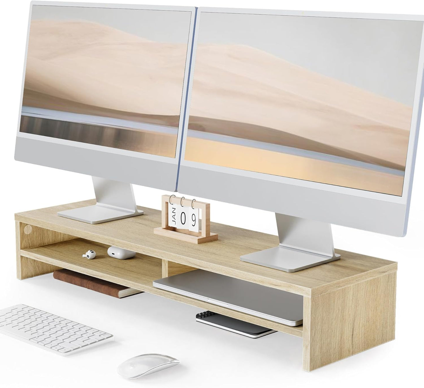 Fenge Monitor Stand, 31.5 Inch Computer Monitor Riser for Desk, 2 Tiers Wood Desk Shelf with Storage, Desktop Organizer for PC, Laptop, Screen, Printer