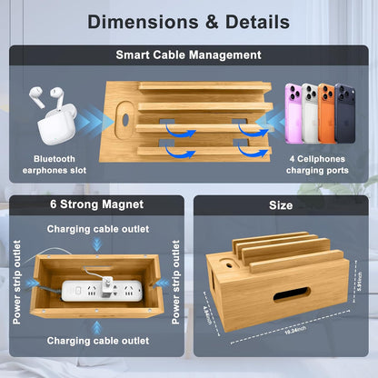 Bamboo Charging Station for Multiple Devices, Cable Management Box for Power Strip, USB Charger & USB Charging Hub/Station, Wood Docking Station Desktop Organizer Bedside Table Organizer