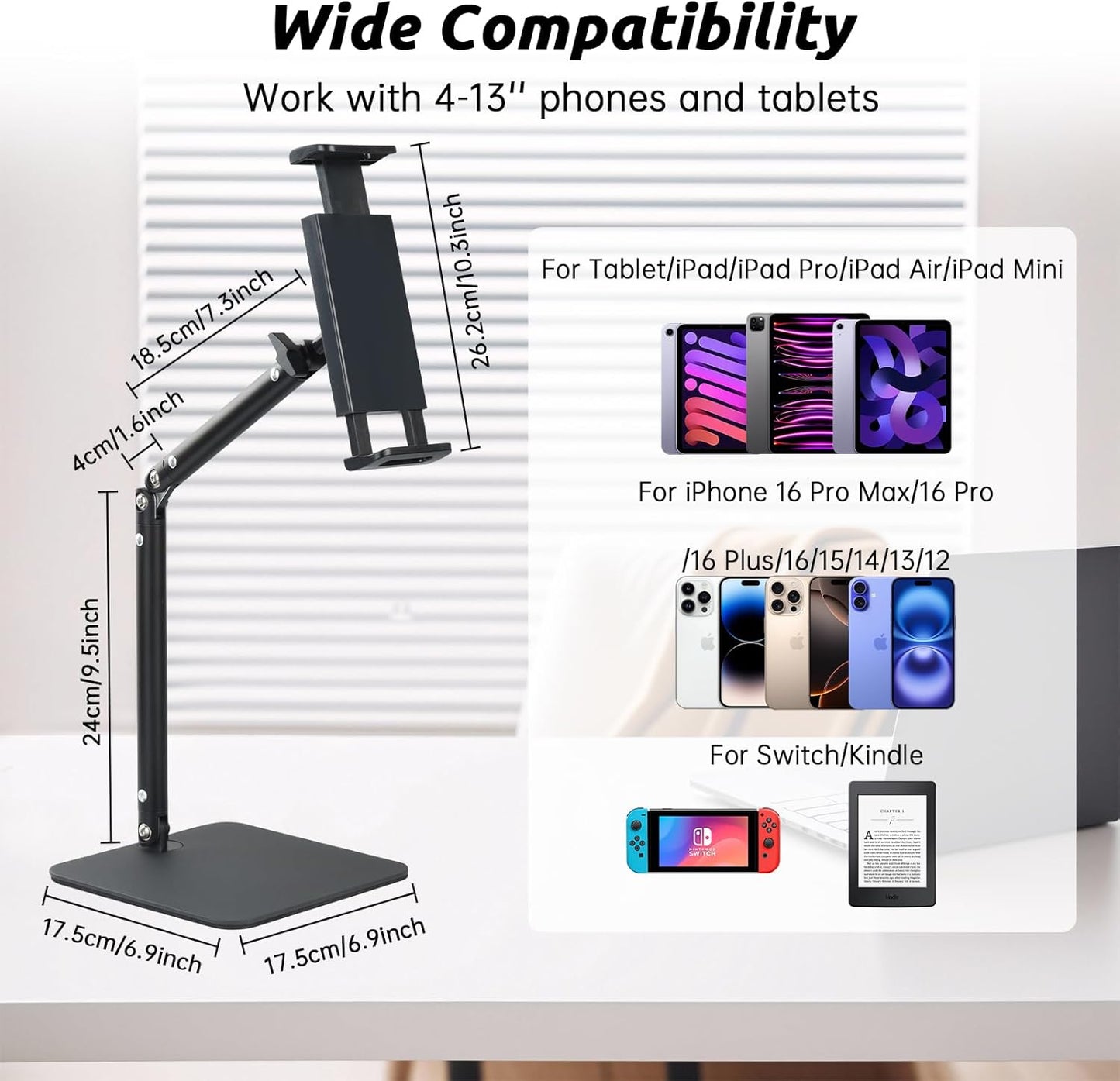 UTEBIT Adjustable Phone Stand for Desk, 11.8''-17.7''Height Adjustable Phone Holder for Desk Recording, Retractable Cell Phone Tablet Stand Holder for 5.5''-9.5''Screen iPhone 17 16 15 Pro Max Android