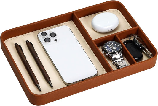 Buqoo PU Valet Tray for Nightstand & Desk – Multipurpose EDC Catchall Organizer for Phones, Watches, Keys & Accessories, Brown