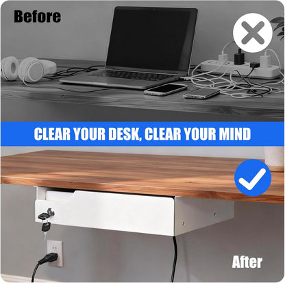 Under Desk Drawer Storage with Lock, Metal Undermount Table Drawer, Ball Bearing Slides Out Tray Organizer for Paper, Pencil, and Laptop 16"x11.8"x3.6", White