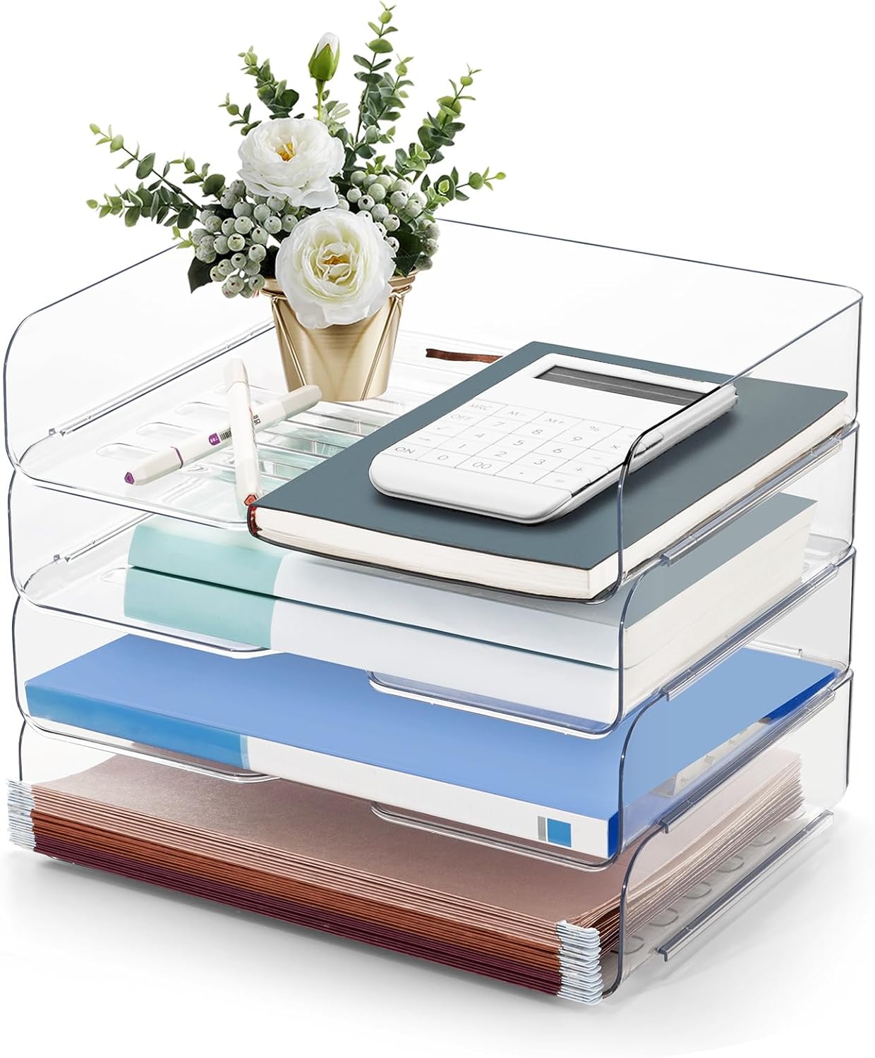 Desk Organizer and Storage,3-Tier File Paper Tray Organizers,Stackable Clear Desktop Organizer for Documents,Book Magazine Storage,Office Supplies (Clear,3 Pack)