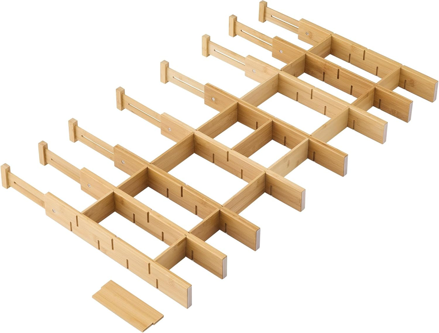 FILWH Bamboo Drawer Dividers with Inserts kitchen drawer organizer Adjustable Expandable 8 Pack Organizer Set for Kitchen Bedroom Bathroom Office 8 Dividers with 16 Inserts (Natural, Small (14-19IN))