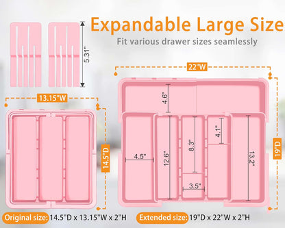 Homecor Large Utensil Organizer for Kitchen Drawer, Expandable Silverware Drawer Organizer Cooking Tray, Cutlery and Flatware Utensil Holder Kitchen Spatula Tools Storage with 3 Dividers, Grey