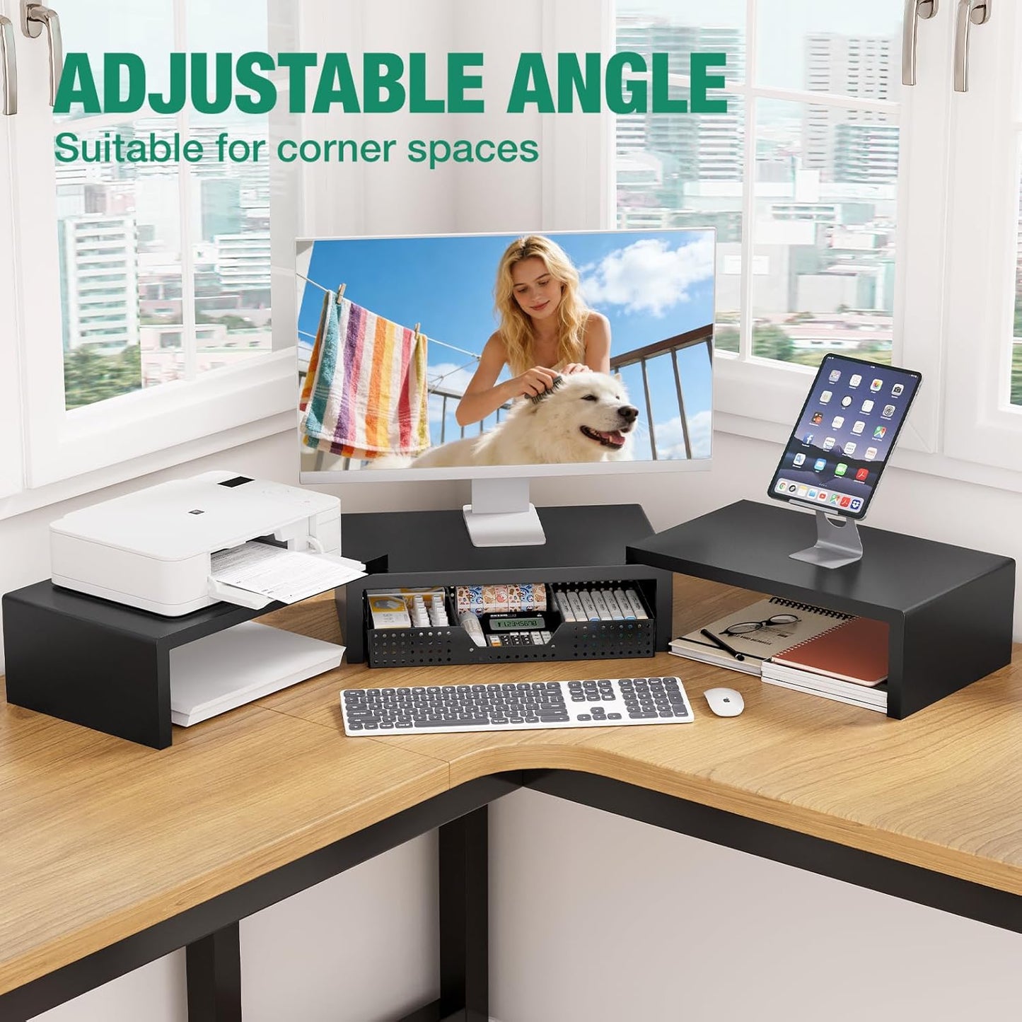 OPNICE Dual Monitor Stand Riser with Drawer and 2 Pen Holders, Desk Organizer for Office Supplies, Computer Monitor Stand for Desk, Workspace Desk Accessories for Home Office, Black