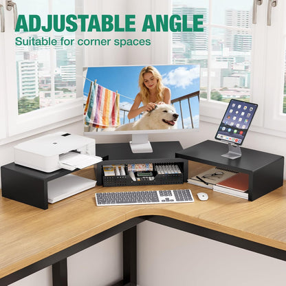 OPNICE Dual Monitor Stand Riser with Drawer and 2 Pen Holders, Desk Organizer for Office Supplies, Computer Monitor Stand for Desk, Workspace Desk Accessories for Home Office, Black