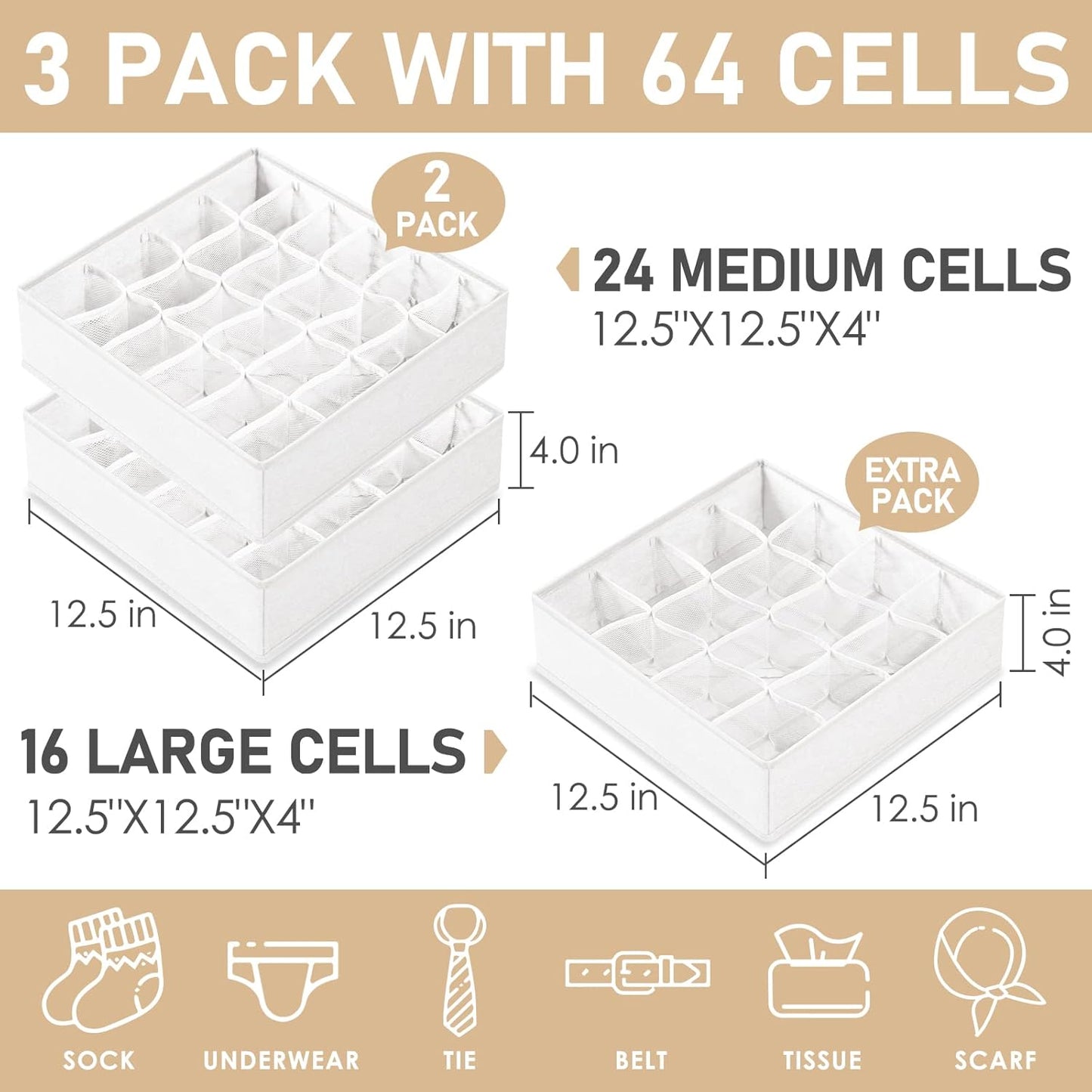 Criusia 6 Pack Large Drawer Organizer for Sock Underwear - Washable Heavy Duty Fabric Closet Organizers and Storage Bins - 90 Cells Dresser Organizer Divider for Baby Clothes, Ties, Belt (Grey)