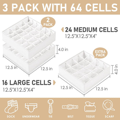 Criusia 6 Pack Large Drawer Organizer for Sock Underwear - Washable Heavy Duty Fabric Closet Organizers and Storage Bins - 90 Cells Dresser Organizer Divider for Baby Clothes, Ties, Belt (Grey)