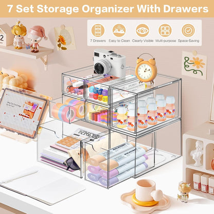 Desk Organizer with 14 Drawers, FODIENS 14 Packs Acrylic Stackable Desktop Storage Drawer Makeup Organizer, Clear Craft Storage Box Cabinets for Office Vanity Countertop Bathroom Bedroom