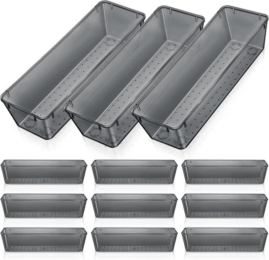 Maitys 12 Pcs Clear Drawer Organizer 9 x 3 x 2 Inches Plastic Rectangle Trays Makeup Vanity Storage Bins and Kitchen Drawers Dividers for Office Desk Silverware Kitchen Utensils(Clear)