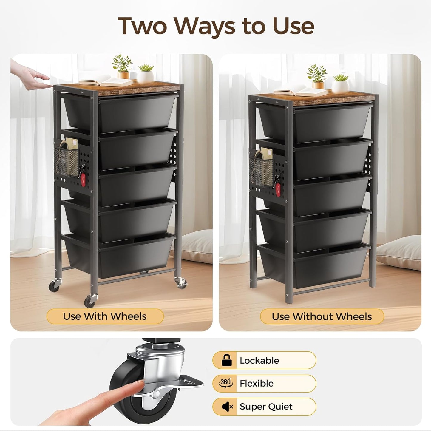 Rolling Cart with 3 Drawers, Plastic Drawer Storage Carts with Lockable Wheels & Wooden Tabletop, Metal Utility Cart Organizer, Office Bedroom Classroom Craft Organization and Storage, Bright White