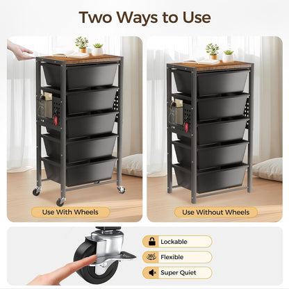 Rolling Cart with 3 Drawers, Plastic Drawer Storage Carts with Lockable Wheels & Wooden Tabletop, Metal Utility Cart Organizer, Office Bedroom Classroom Craft Organization and Storage, Bright White